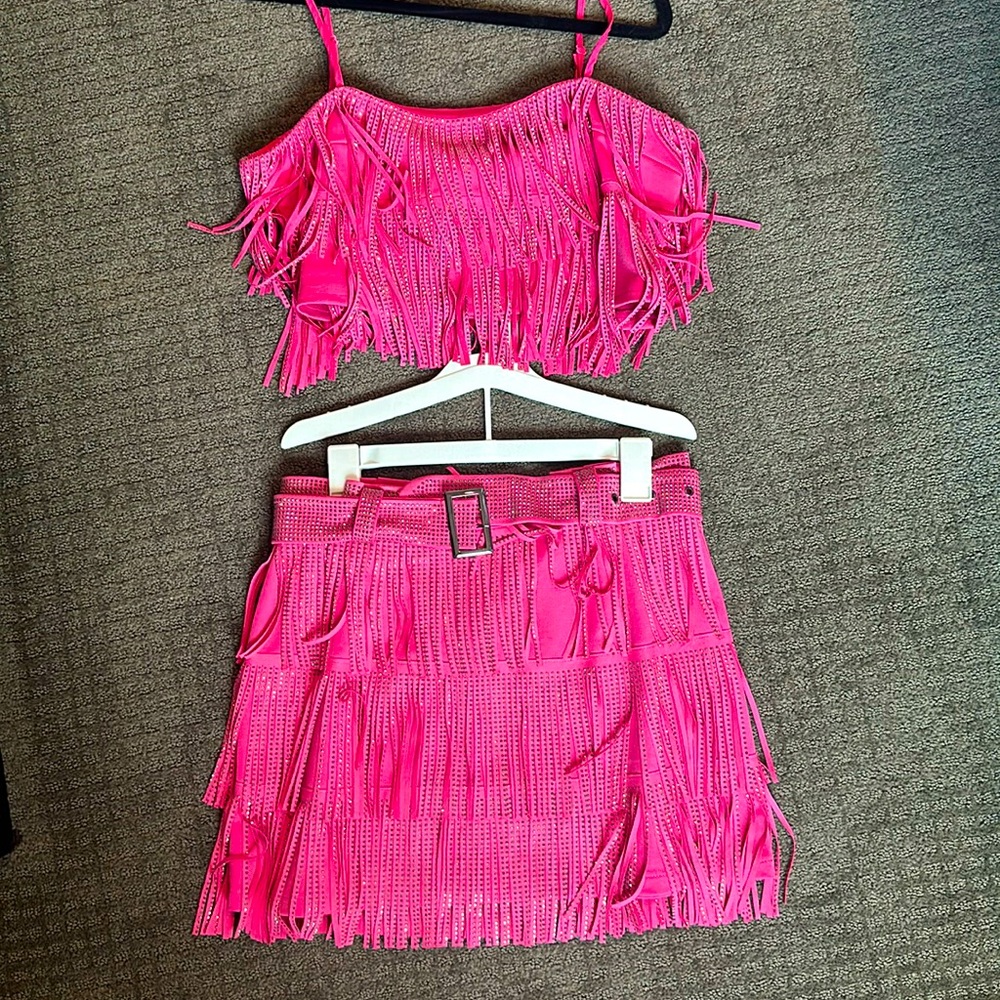 Fuschia Rhinestone Fringe top & skirt, Size Large